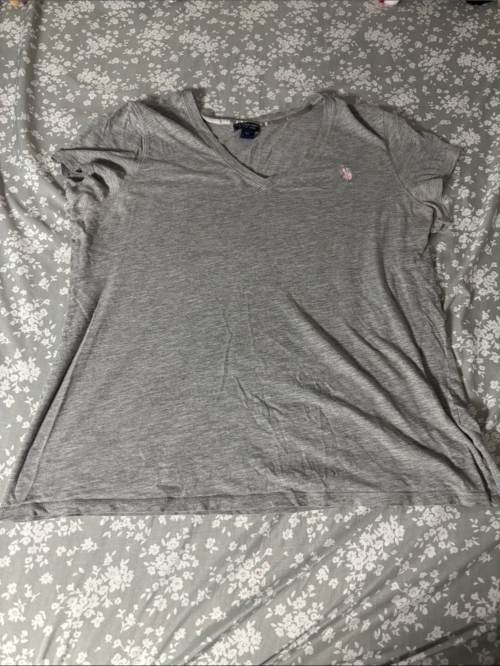 Ralph Lauren Light Gray V-Neck Short Sleeve Tee with Pink Pony